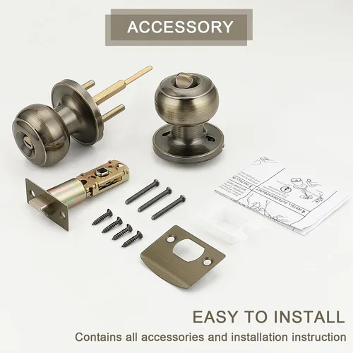 Miniatura 6 de Probrico Paquete de 6 pomos de privacidad para puerta, cerradura interior para dormitorio, baño, manija de puerta de latón antiguo, bola redonda sin