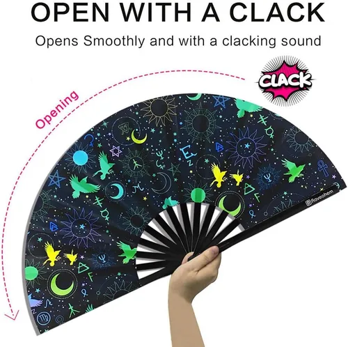 Miniatura 3 de Ventilador plegable grande, ventilador Clack Rave de 13 pulgadas, ventilador de mano para mujeres y hombres con tela de satén de alta calidad, marco