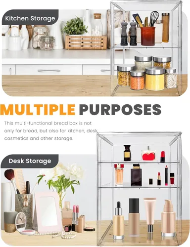 Miniatura 6 de Caja de pan, cajas de pan grandes para encimera de cocina, contenedor de almacenamiento de pan ajustable de 4 capas, cajas transparentes