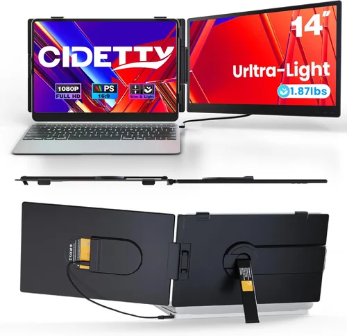 CIDETTY Extensor de pantalla para portátil de 0.27 pulgadas, ultrafino, monitor portátil dual de 14 pulgadas FHD 1080P IPS, USB-C/HDMI Plug & Play