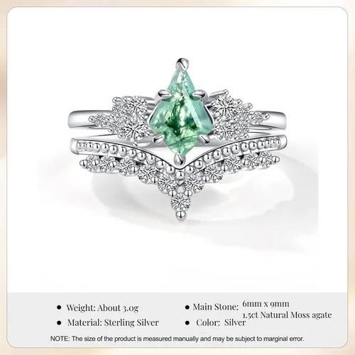 Miniatura 6 de ELMERA Anillo de compromiso para mujer, plata de ley 925, ágata musgo natural, anillo de promesa para ella, anillo de compromiso de ágata musgo