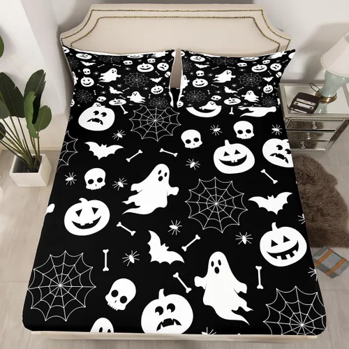 Miniatura 25 de Juego de ropa de cama de Halloween con patrón de sombras kawaii, sábana bajera tamaño queen, decoraciones de calabaza, luces de calabaza góticas
