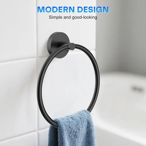 Miniatura 6 de Portatollas de Mano Atornillable Negro Mate Anillo para Toallas para Pared de Baño de Acero Inoxidable Colgador de Toallas Redondo para Accesorios