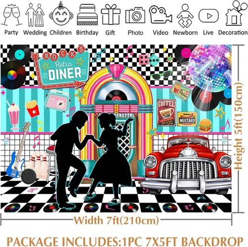 Miniatura 5 de Avezano Fondo retro de 7 x 5 pies de regreso a los años 50 Rock and Roll Retro Diner Disco Danza Fotografía Fondo de los años 50 Fiesta Tema Banner