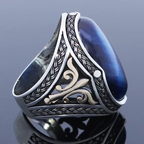 Miniatura 3 de mysilverworld Anillo de plata de ley 925 ovalada, ojo de tigre azul