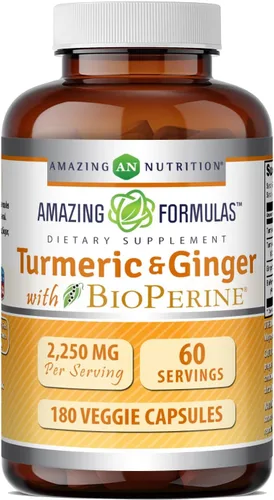 Amazing Formulas Curcumina de cúrcuma y jengibre con suplemento BioPerine | 1500 mg por porción | 180 cápsulas vegetales | Sin OMG | Sin gluten |