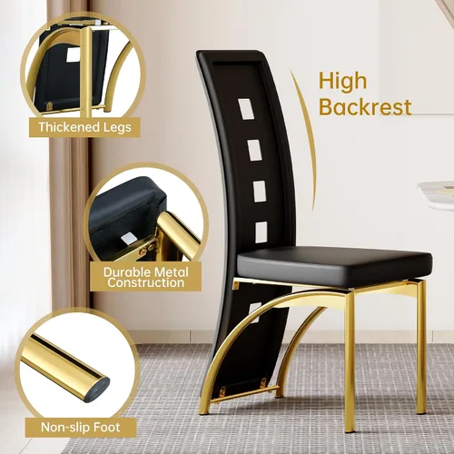 Miniatura 5 de Juego de 2 sillas de comedor modernas, juego de 2 sillas de comedor negras, sillas de cocina tapizadas de piel sintética con patas de metal dorado