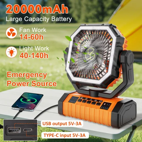 Miniatura 2 de ZioeYiue Ventilador de campamento recargable, 20000 mAh ventiladores de batería grande, ventilador recargable de 4 velocidades con control remoto