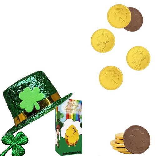 Miniatura 6 de The Dreidel Company Monedas de oro de chocolate con leche belga del día de San Patricio, sin nueces, lácteos certificados Kosher, caja de duende