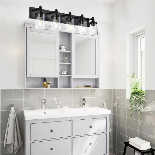 Miniatura 4 de Lámpara de tocador moderna negra para baño, 5 luces de baño, sobre espejo con pantalla de vidrio transparente, lámpara de montaje en pared, luces
