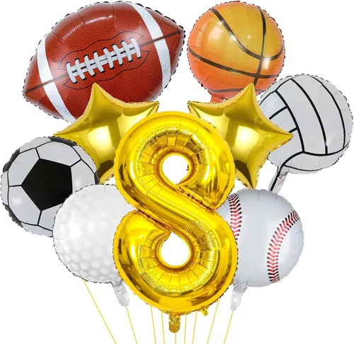 Miniatura 9 de 9 globos deportivos, fútbol, baloncesto, béisbol, voleibol, golf y fútbol, globo de aluminio de Mylar con número de cumpleaños deportivo