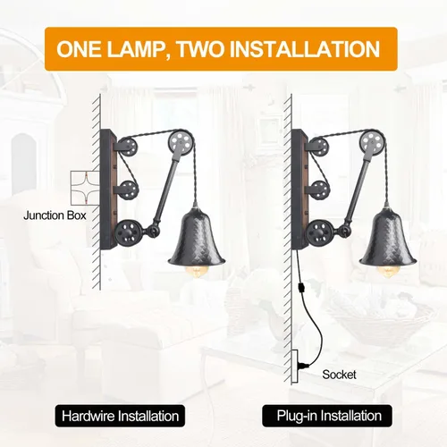 Miniatura 4 de Steampunk - Lámpara de pared industrial de polea enchufable, lámpara vintage de metal negro con interruptor, lámpara de pared retro con cable