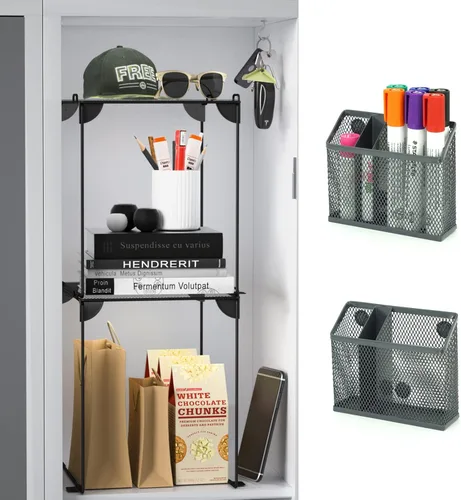 Miniatura 8 de Neudeco Pack 2, Estante de casillero de malla, organizador de casillero extra alto apilable, construcción plegable y metálica, se ajusta a Gris