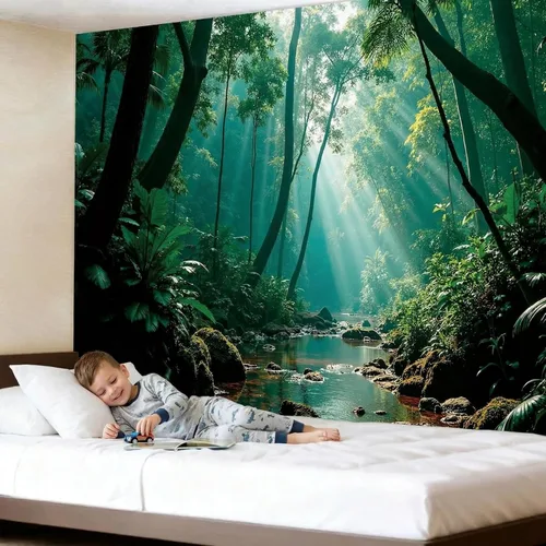 Miniatura 2 de Atrippy Tapiz verde de naturaleza forestal para dormitorio, paisaje brumoso, telón de fondo para colgar en la pared, mural de pared grande, tapices