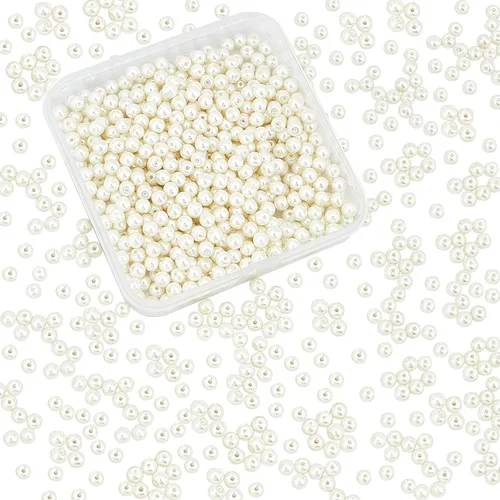 Pandahall Elite, perlas pequeñas redondas brillosas. Canutillos surtidos de raso para joyas. Paquete de caja redonda., Vidrio, 4mm Blanco crema
