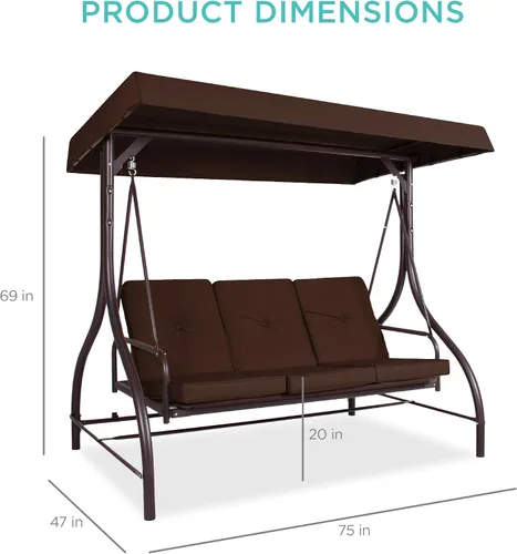 Miniatura 7 de Best Choice Products Columpio Deslizante con Toldo Convertible Grande de 3 Asientos para Exteriores, Hamaca de Patio, Silla de Descanso para Porche