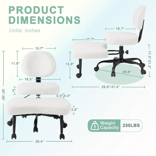 Miniatura 2 de GUNJI Silla de oficina ergonómica para piernas cruzadas, silla de meditación con ruedas y giro de 360°, silla ADHD con reposapiés, soporte lumbar