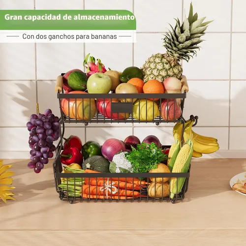 Miniatura 2 de Cesta de frutas de 2 niveles para encimera de cocina con 2 ganchos para plátanos, cesta de pan de metal para encimera con mango de madera, soporte