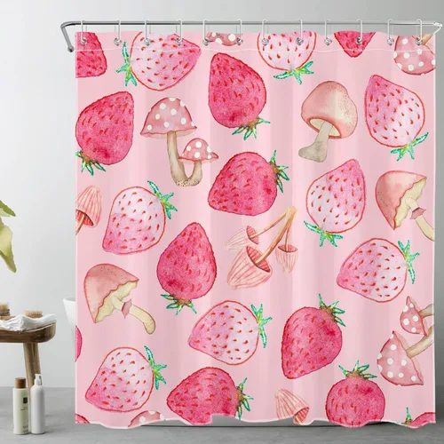 HVEST Cortina de ducha de hongos y fresas para baño, cortina de ducha de verano con frutas, color rosa, rojo, fresa y hongos, cortina de baño de