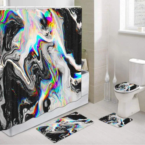 JAWO Cortina de ducha de mármol blanco y negro para baño pequeño, juego de cortina de ducha con grietas de arco iris dorado y colorido, cortina de