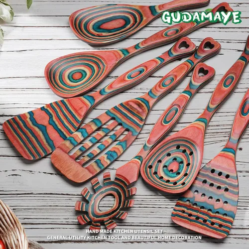 Miniatura 5 de Gudamaye Pakkawood - Juego de utensilios de cocina de madera de 7 piezas, cucharas de madera para cocinar, juego de utensilios de madera, cucharas