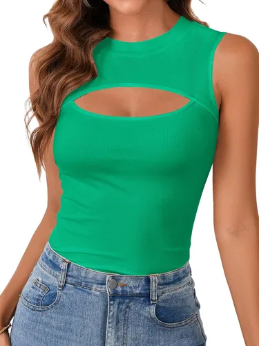 Miniatura 15 de Vrtige Camiseta sin mangas sexy con cuello redondo para mujer, de punto acanalado, sin mangas, ajustada