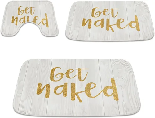 Gold Get Naked - Juego de alfombras y tapetes de baño de tela dorada y blanca, 3 piezas de espuma viscoelástica, tapete de baño de terciopelo en