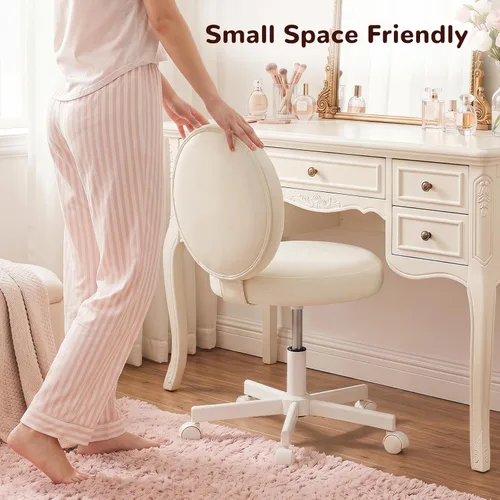 Miniatura 5 de Furniliving Silla de escritorio redonda sin brazos, pequeña silla tapizada de terciopelo con ruedas, silla de tarea ajustable giratoria con ruedas