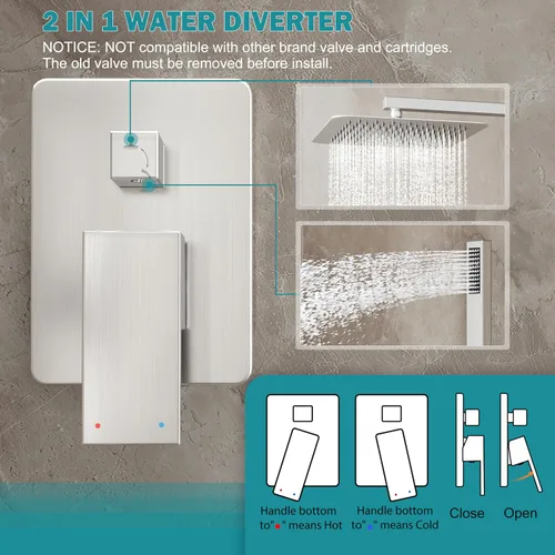 Miniatura 5 de Sistema de Ducha de Níquel Cepillado, Conjunto de Grifería de Ducha con Cabezal de Ducha de Lluvia de 10 Pulgadas y Rociador Manual, Conjunto