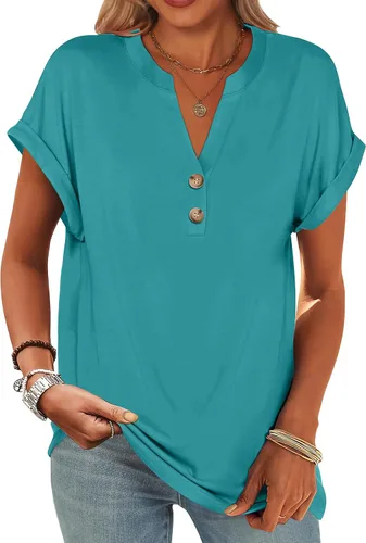 Miniatura 29 de ANRABESS - Camisetas Henley de manga corta para mujer, cuello en V, elegantes, estilo informal, de corte suelto; blusas fluidas de verano, ropa