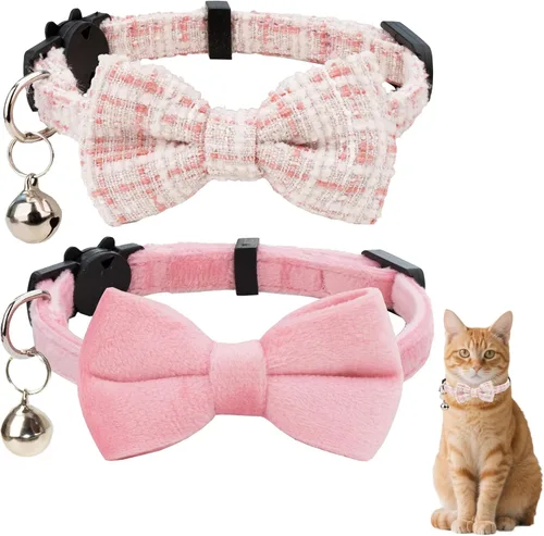 Miniatura 11 de Collar de gato con campana para niño y niña, pajarita de seguridad, a cuadros, color sólido, conjunto de regalo, lindo festivo, [2 piezas], verde