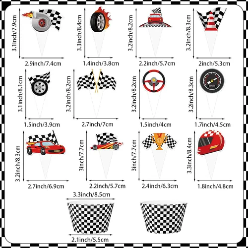 Miniatura 2 de 48 paquetes de toppers y envolturas de cupcakes de coche de carreras, decoración de pastel de fiesta de carreras con temática de carreras y cuadros
