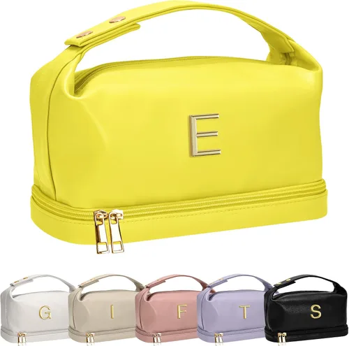 Miniatura 130 de Bolsa de maquillaje con asa, bolsa de cosméticos impermeable de doble capa, bolsas de maquillaje de cuero PU de gran capacidad con letra, bolsa