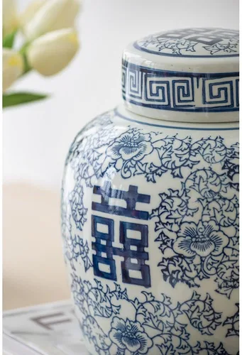 Miniatura 2 de Jarrón con tapa de porcelana 100 % azul y blanco oriental de 8 x 9.5 pulgadas con patrón floral para almacenamiento en el hogar y organización