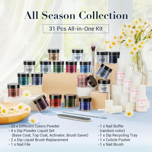 Miniatura 6 de AzureBeauty Kit de iniciación de polvo de inmersión para uñas, color azul, rojo, verde, purpurina, 31 piezas, 20 colores, polvo de inmersión