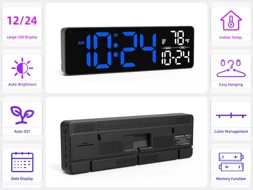 Miniatura 2 de Reloj de pared LED digital grande con fecha, temperatura, brillo automático, DST automático Gran reloj digital para dormitorio, escritorio, aula
