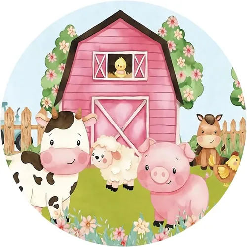 Miniatura 3 de Yeele Fondo redondo de dibujos animados de animales de granja de 6.5 x 6.5 pies para niños, granero rosa, granero, animales, vacas, cerdos, corral