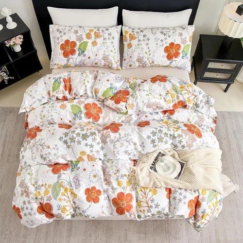 Zusbest Juego de funda de edredón floral, tamaño Queen, 100% algodón percal, estampado de flores silvestres naranja y amarilla, acuarela blanca,