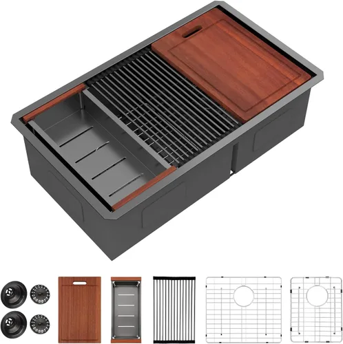 Miniatura 24 de Sarlai 28 Fregadero de cocina bajo encimera de doble tazón - Fregadero bajo encimera de acero inoxidable de 28x19 pulgadas de calibre 16, con repisa
