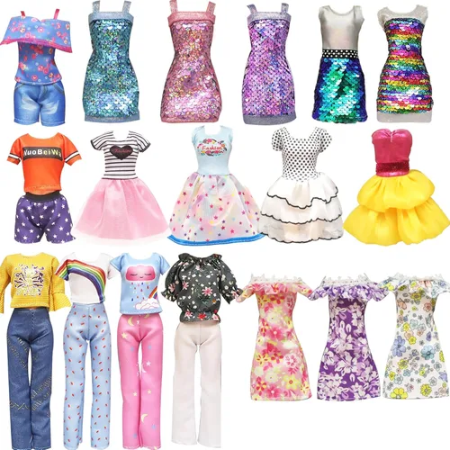 20 piezas de ropa y accesorios para muñecas hechos a mano, 3 vestidos de lentejuelas, 4 vestidos de moda, 3 tops y pantalones, trajes casuales, 10