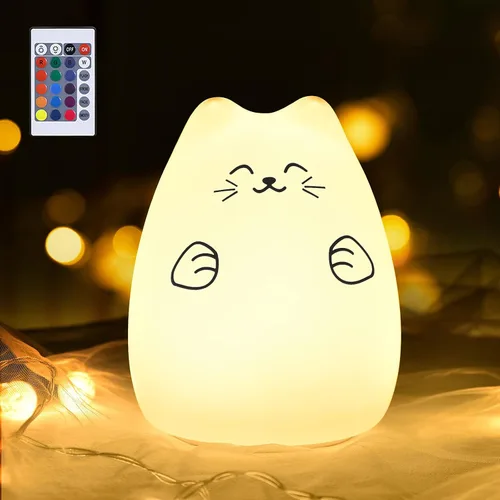 Miniatura 9 de Lámpara LED de mesilla de noche con forma de gato, multicolor silicona suave para habitación del bebé, control, blanco cálido y 7 modos de luz