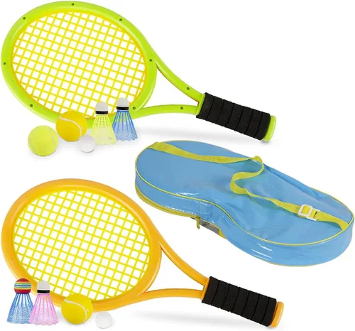 Raquetas de tenis para niños con bolsa de transporte, pelotas de entrenamiento suaves y pájaros de bádminton, juego de regalo de raquetas de tenis