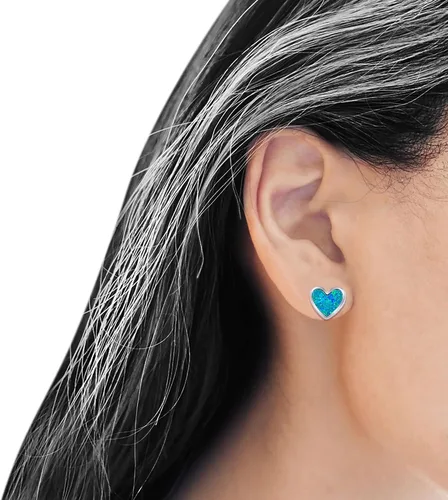 Miniatura 5 de Aretes de corazón de ópalo creado en plata de ley 925 maciza (0.315 in)