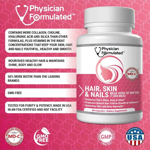 Miniatura 5 de Vitaminas para cabello, piel y uñas sanos creado por médicos para hombres y mujeres. 0.00026 oz. de biotina, aminoácidos, colágeno y ácido