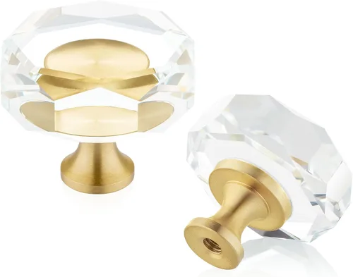 QOGRISUN Paquete de 2 pomos de gabinete de cristal de latón, pomos de cajón dorados de cristal de cristal, polígono de 1-1/4 pulgadas, tiradores