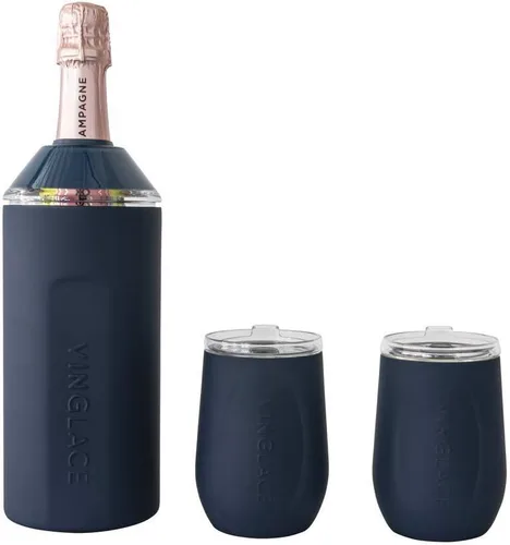 Miniatura 8 de Vinglacé Juego de regalo enfriador de botellas de vino, enfriador de vino portátil de acero inoxidable con 2 copas de vino sin tallo, color negro