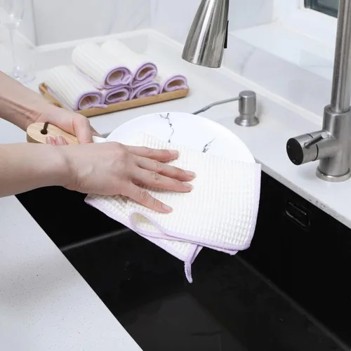 Miniatura 6 de Oeleky Paquete de 8 paños de cocina para platos, resistentes y absorbentes, para lavar platos, paños de limpieza de tejido de gofre de secado rápido