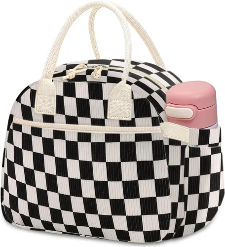 Miniatura 13 de Carry bloom Lonchera para mujer, lonchera aislada, bonita lonchera de pana reutilizable para el trabajo (1 rayas blancas y negras)