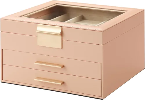 Joyero con parte superior transparente, organizador grande de 3 capas para mujeres, aretes, anillos, collares, organizador de almacenamiento,