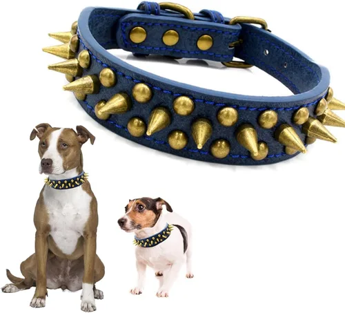 Spike - Collar de perro con remaches con tachuelas vintage de bronce para cachorros, perros pequeños, medianos y grandes, azul, XS